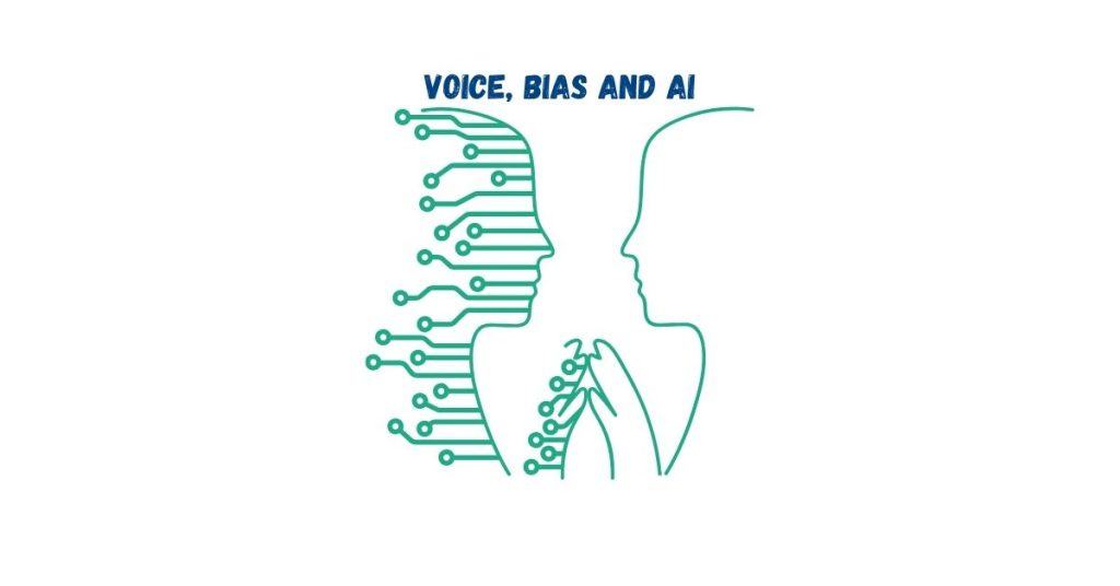 Stylised illustration of a human profile facing an AI circuit profile, with bold blue text reading “VOICE, BIAS AND AI” above.