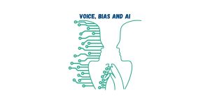 Stylised illustration of a human profile facing an AI circuit profile, with bold blue text reading “VOICE, BIAS AND AI” above.