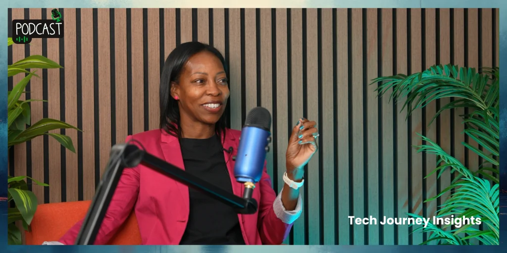 Beverly Clarke MBE co-hosting her "Tech Journey Insights" podcast, speaking into a blue microphone.