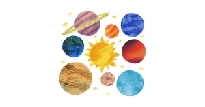 Stylized, colourful watercolour illustration of a sun surrounded by planets and stars, symbolizing space, the future, and big ideas.