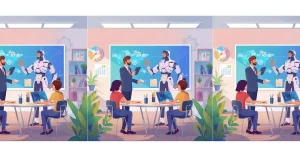 A futuristic classroom illustration featuring a human teacher collaborating with a humanoid robot AI teammate in front of a digital screen, while students work at a round table with laptops.