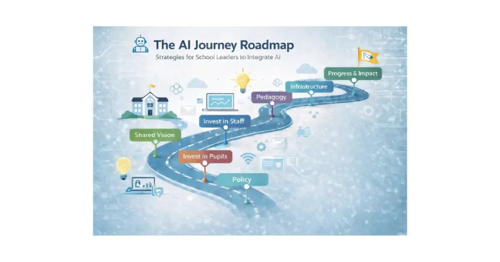 AI Journey Roadmap infographic showing strategic steps for school leaders to integrate artificial intelligence across schools