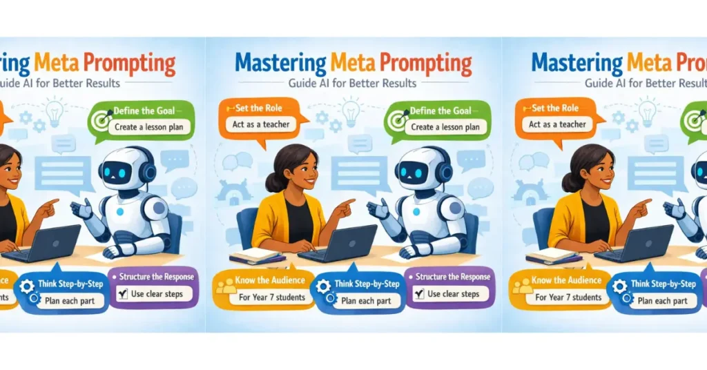 Illustration showing meta prompting in AI with a teacher guiding a robot using steps like role, goal, audience, and structure