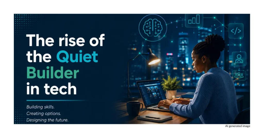 Professional woman working late on digital projects representing future skills, portfolio careers and the rise of quiet builders in tech