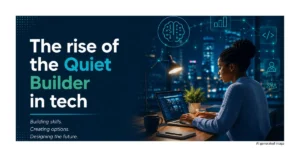 Professional woman working late on digital projects representing future skills, portfolio careers and the rise of quiet builders in tech