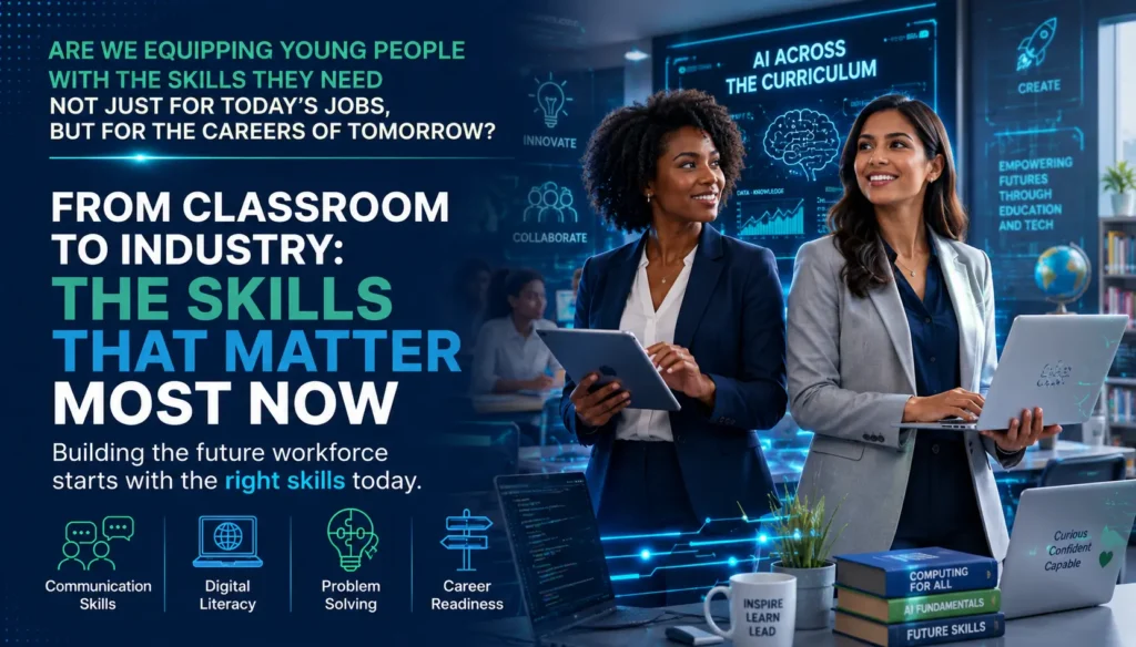 Two diverse female professionals representing future skills including communication, digital literacy and career readiness