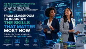 Two diverse female professionals representing future skills including communication, digital literacy and career readiness