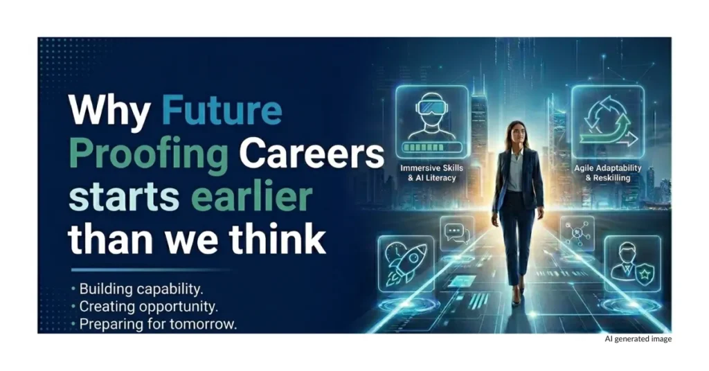 Professional woman walking towards future career opportunities surrounded by AI literacy, adaptability and future skills icons