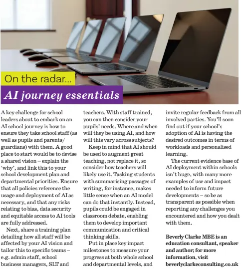 Magazine article by Beverly Clarke MBE on AI journey essentials for school leaders, covering AI strategy, staff training and responsible AI adoption in schools.