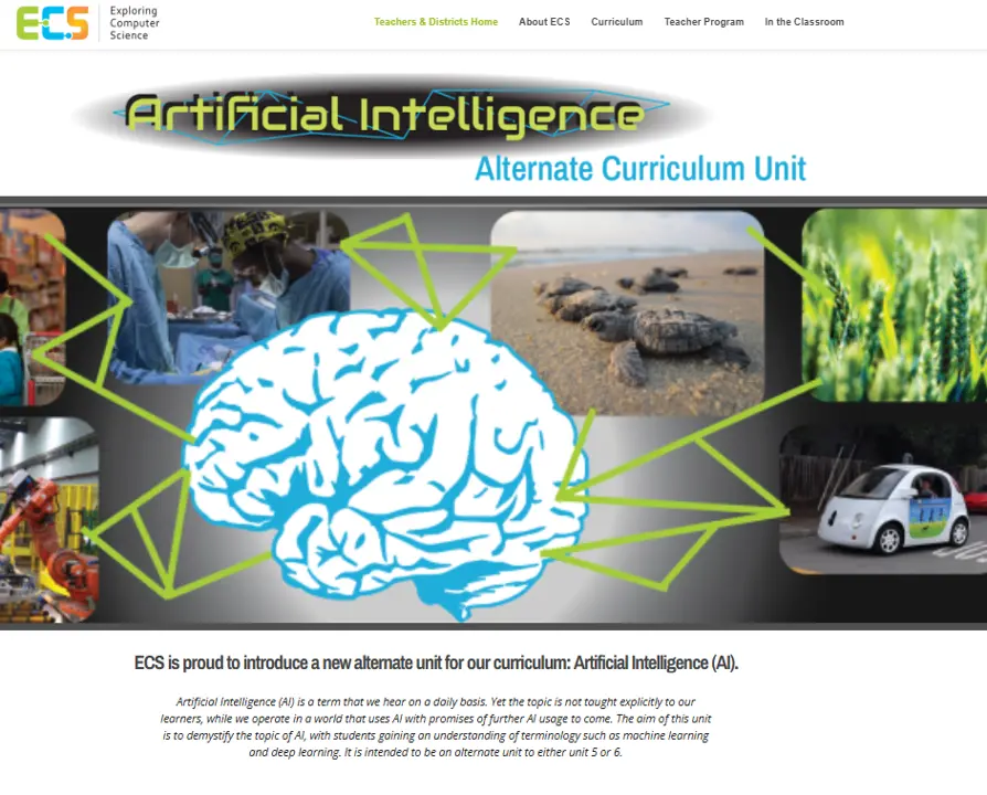 Exploring Computer Science Artificial Intelligence curriculum unit featuring a brain connected to robotics, nature and autonomous technology.