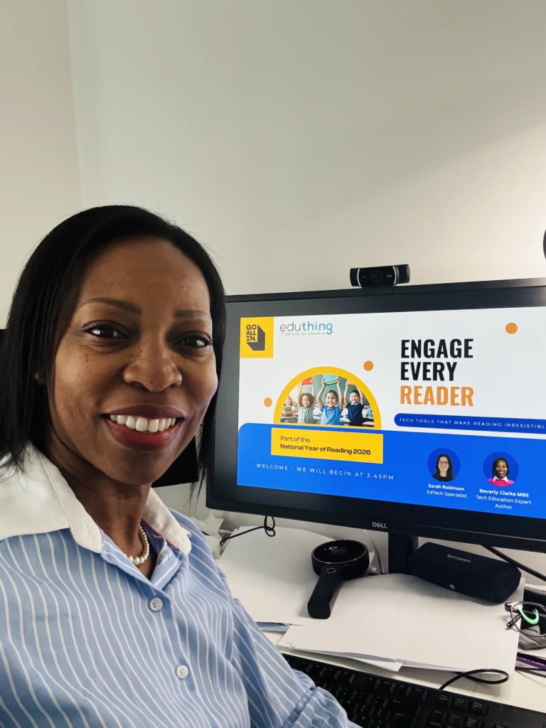 Beverly Clarke MBE beside a computer screen displaying an eduthing online teacher training webinar.