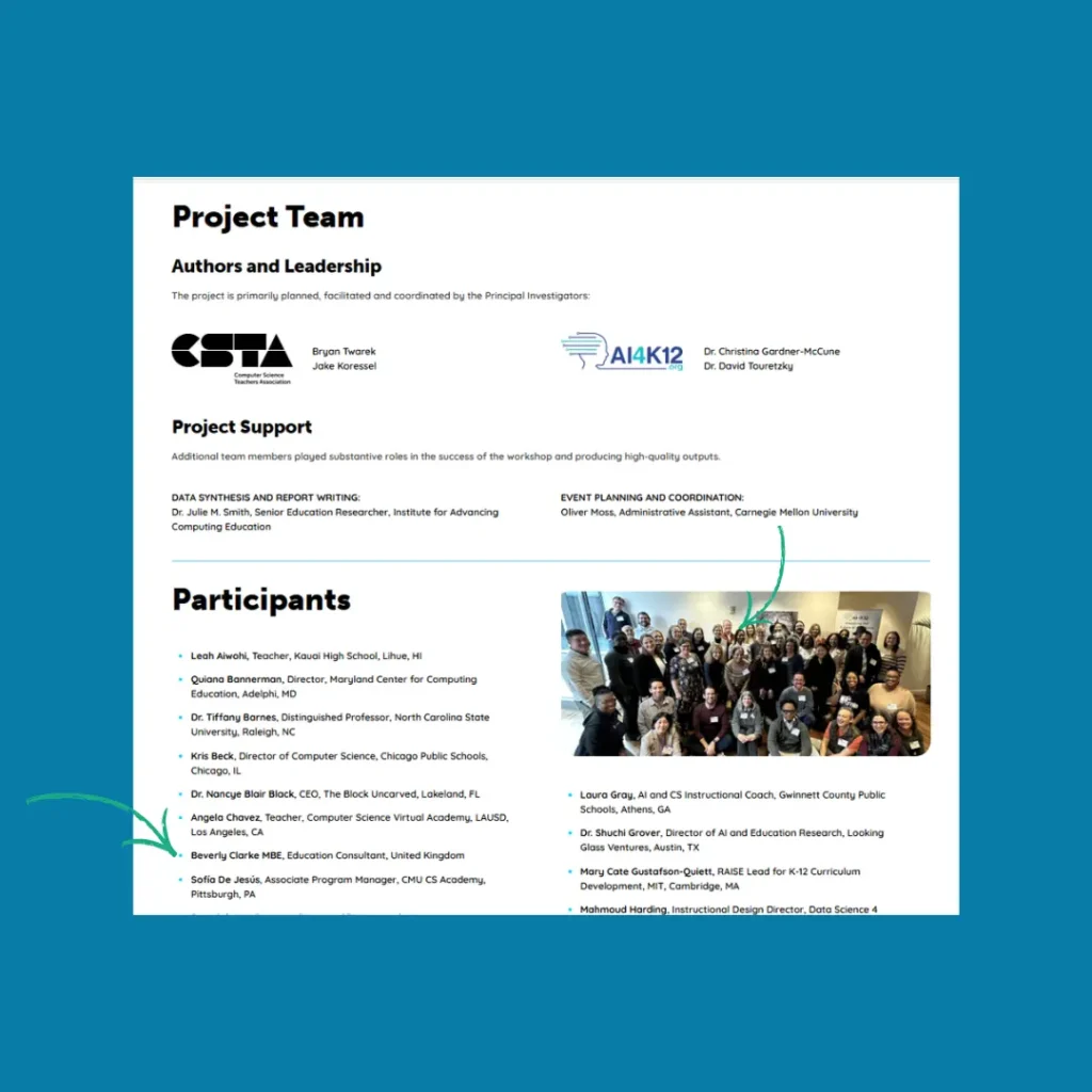 Document page listing Beverly Clarke MBE as an Education Consultant participant for the CSTA and AI4K12 K-12 AI learning project.