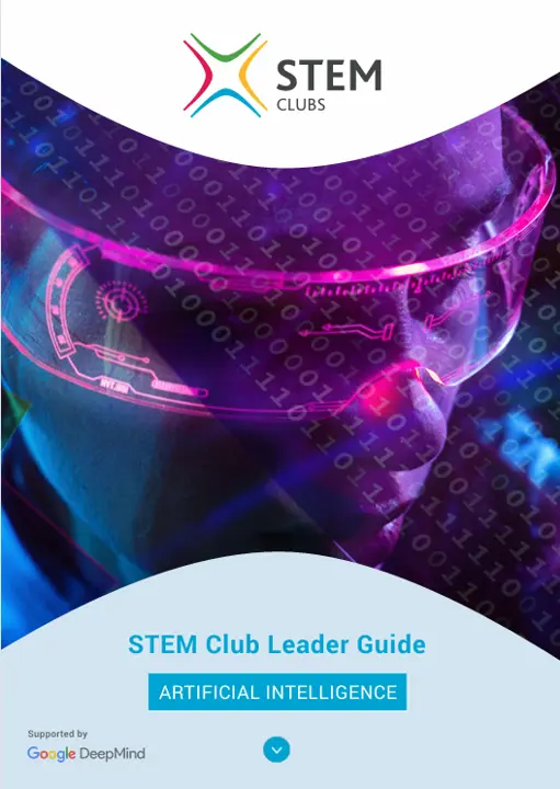 STEM Club Leader Guide for Artificial Intelligence featuring a futuristic digital illustration and AI learning resources for STEM education.