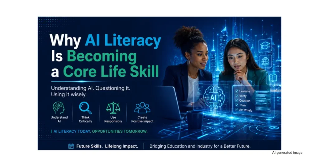 Professional women exploring AI literacy, critical thinking and responsible AI use, illustrating future skills for education and the workplace.