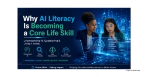 Professional women exploring AI literacy, critical thinking and responsible AI use, illustrating future skills for education and the workplace.