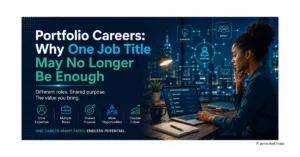 Professional woman exploring a portfolio career, with connected icons representing expertise, purpose, impact, growth and opportunity.