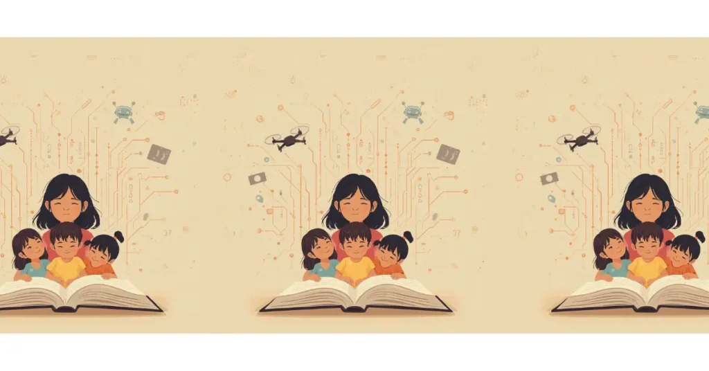 Children reading together from an open book surrounded by circuit patterns, a robot and a drone, representing reading for pleasure in a tech-shaped world.
