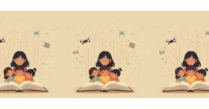Children reading together from an open book surrounded by circuit patterns, a robot and a drone, representing reading for pleasure in a tech-shaped world.